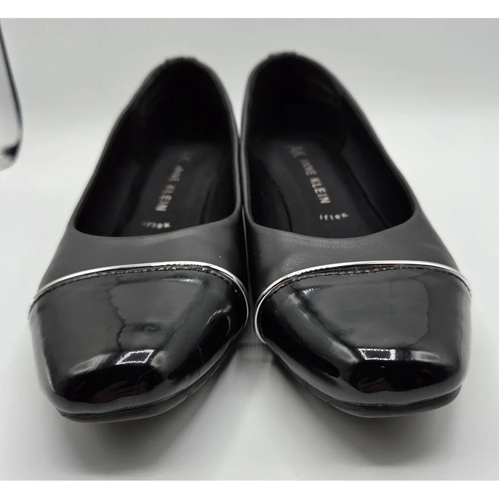 Anne Klein Mildred Black Wedge Pumps Patent Cap Toe Silver Trim Shoes‎ Size 8.5M